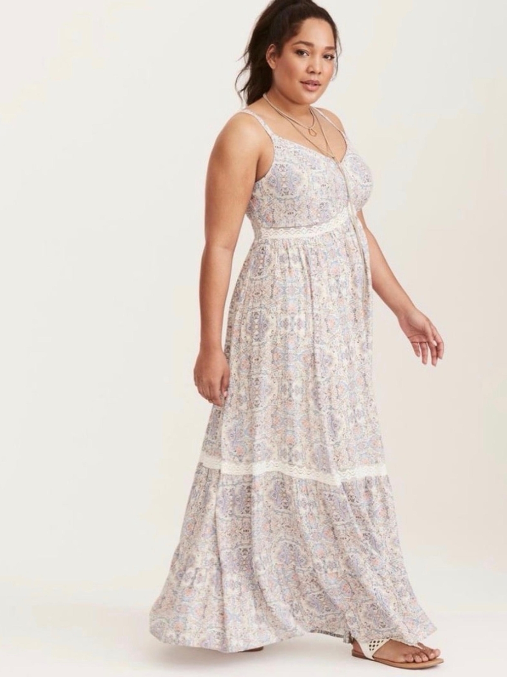 Torrid Floral Printed Blue, White, Pink Maxi Dress with Lace Trim